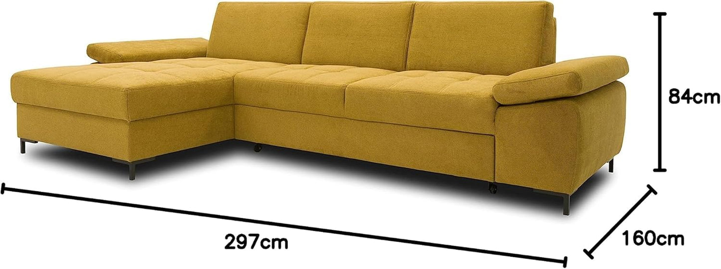 DOMO. collection Curacao Corner Sofa, Sofa Bed with Spring Core and Armrest Function in L-Shape, Couch with Sleep Function, Sofa, Upholstered Corner 297 x 160 x 84 cm (W x D x H), Cream