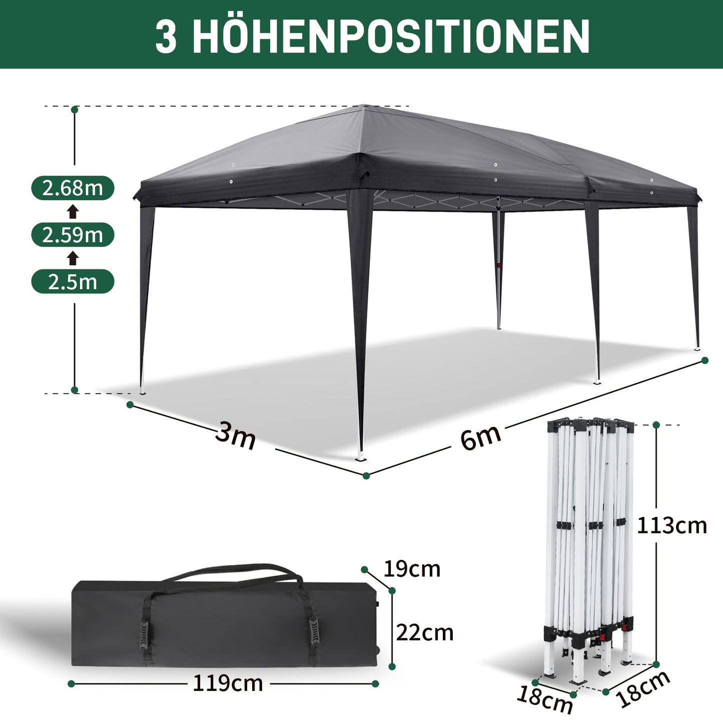 LEADZM Gazebo, Folding Gazebo, 3 x 6 m, Pop-Up, Waterproof, Winterproof, Height Adjustable, UV Protection 50+, Garden Tent, Party Tent, Steel Frame, with 6 Side Panels, for Garden, Party, Camping,