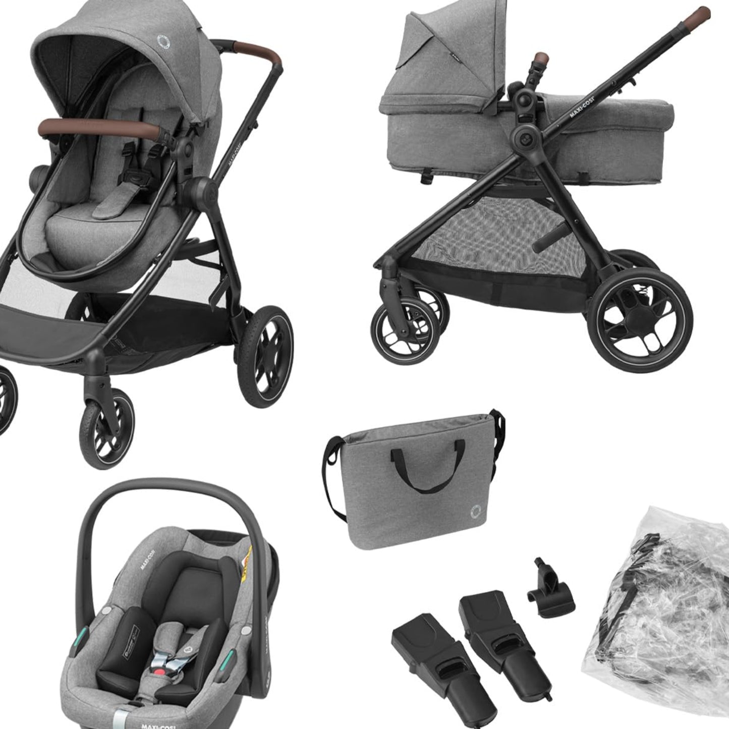 Maxi-Cosi Zelia S Trio Pushchair 3-in-1 Complete Set, 0-4 Years, up to 22 kg, Foldable, Compact, Adjustable Baby Pram, with CabrioFix S i-Size Baby Seat, Accessories, Changing Bag, Dark Grey