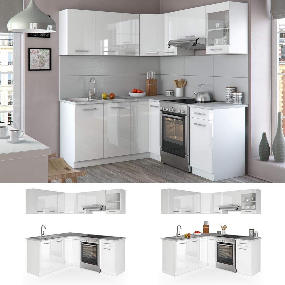 Vicco Rick Corner Kitchen, Anthracite High Gloss/White, 190 x 60 cm, AP Marble