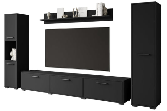 MINIO go for it - Living Room Wall Unit 4-Piece Toga, Living Room Furniture Set, 1 x TV Lowboard, 2 x Tall Cabinet, 1 x Wall Board, Living Room Furniture Complete, Living Room Set - Colour Wotan Oak