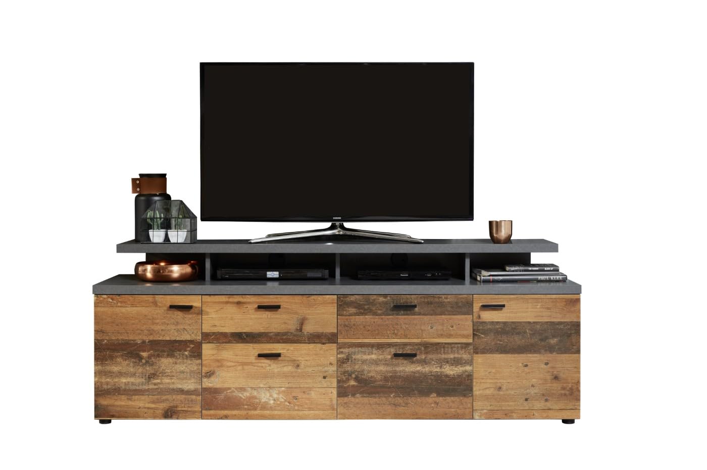 trendteam smart living - Mood - TV cabinet - white/grey - TV lowboard with 2 doors, 2 drawers and 2 flaps - (W x H x D) 180 x 66 x 47 cm - cable guide