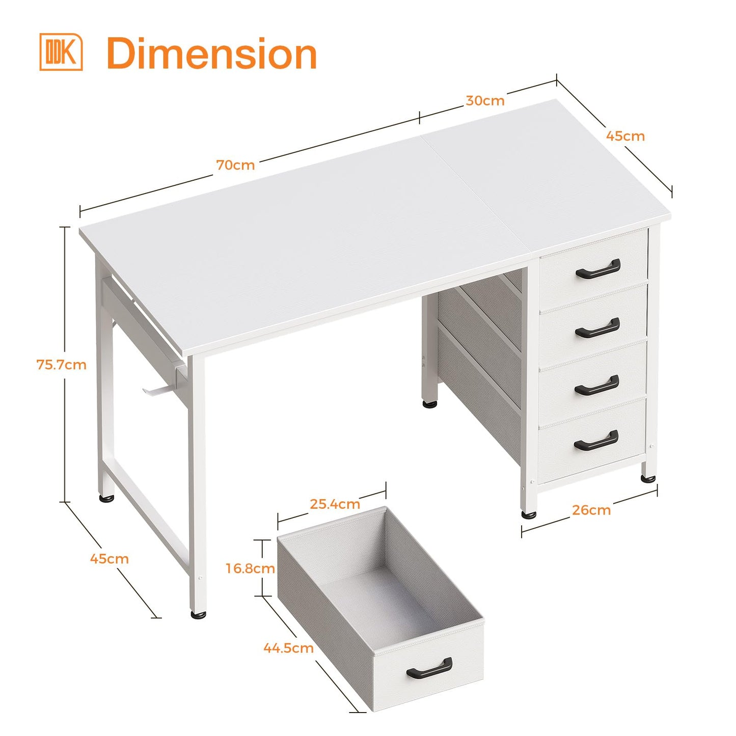 ODK Desk with 4 Drawers, 120 x 48 x 75.7 cm, Computer Desk with Headphone Holder, PC Table, Reversible Office Table, Wood for Home Office, White