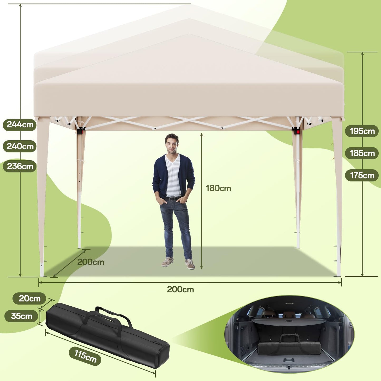 JUMMICO Gazebo Folding Gazebo 2 x 2, Gazebo Height Adjustable Stable Waterproof Winterproof Pop-Up Garden Gazebo UV Protection 50+ Folding Tent for Garden, Courtyard, Camping, Gazebo Beige