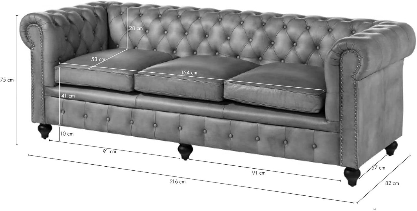 MASSIVMOEBEL24.DE Chesterfield #103 3-Seater Sofa Real Leather 218 x 82 x 76 cm Brown