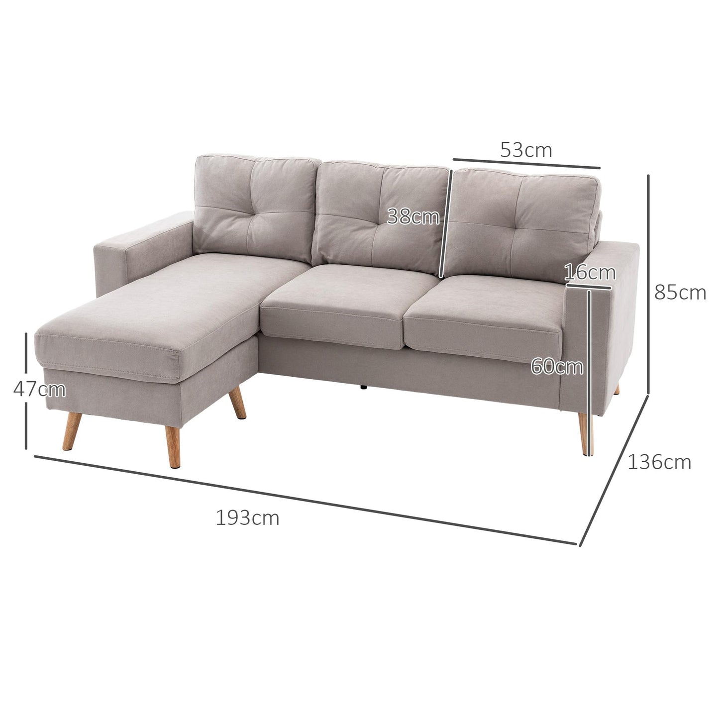 HOMCOM Corner Sofa L-Shaped Sofa with 3 Cushions, Corner Couch with Button Binding, Linen Look, Couch Living Landscape for Living Room, Bedroom, 193 x 136 x 85 cm, Black