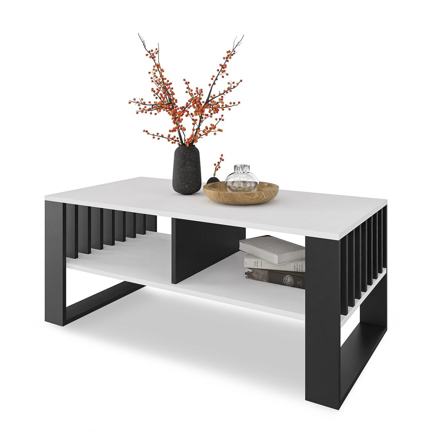 Meble Pitus Coffee Table White - Modern Living Room Table 90 x 50 x 50 cm with Storage Space & Slat Design