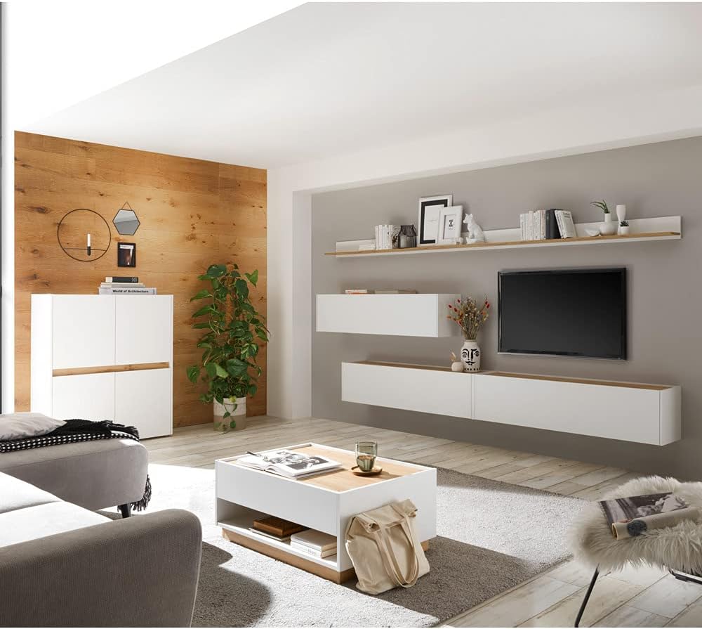 Lomadox Modern Coffee Table in White with Wotan Oak Edges W x H x D Approx. 90 x 38 x 60 cm