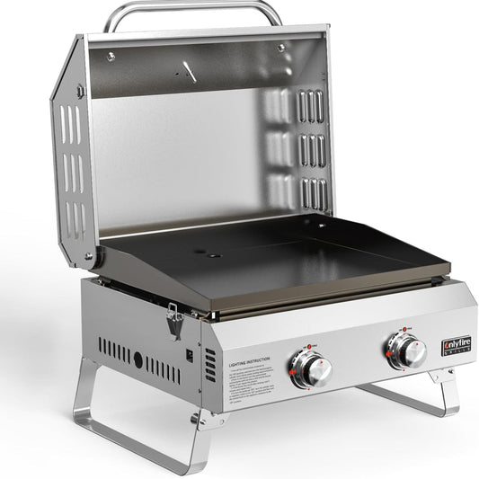 Onlyfire 2-Burner Gas Barbecue Small Stainless Steel 4.7 kW with Foldable Trolley, Side Shelves and Grill Grate, Garden Grill, Outdoor Gas Grill for Balcony Camping