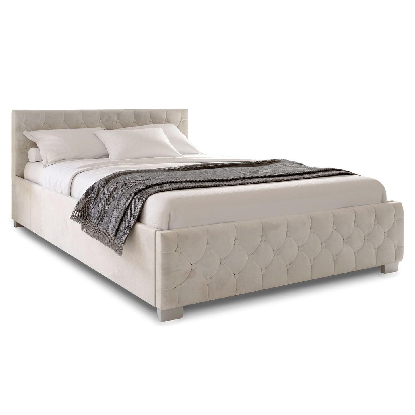 Juskys Nice Upholstered Bed 180 x 200 cm Velvet with Storage Space, LED Lighting & Slatted Frame - Chesterfield Quilting & Headboard - Bed Frame - Grey