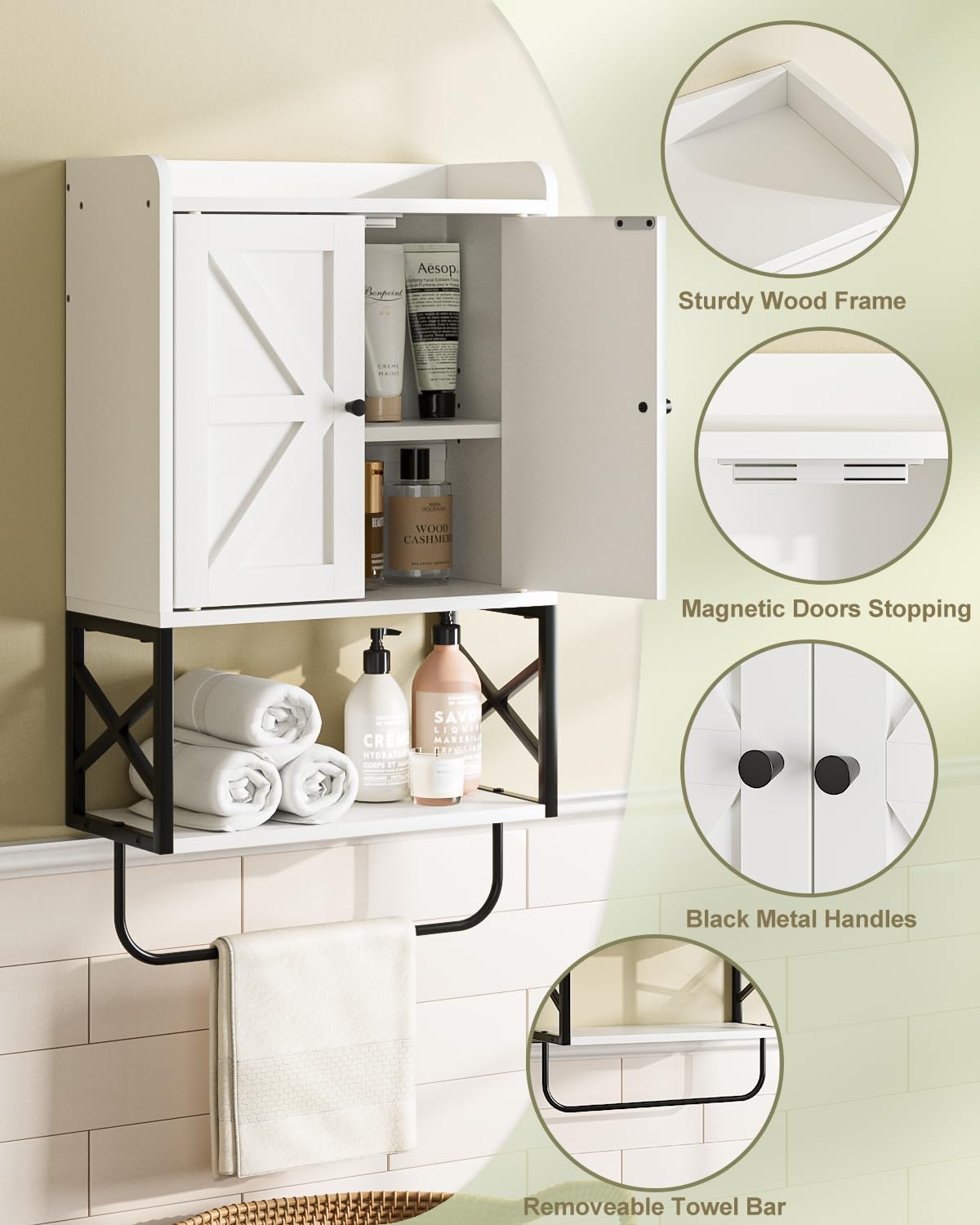 Bathroom Cabinet, Small Medicine Cabinets with Adjustable Shelf and Magnetic Locking Doors, Wall Mounted Hanging Cabinet for Bathroom/Laundry, White