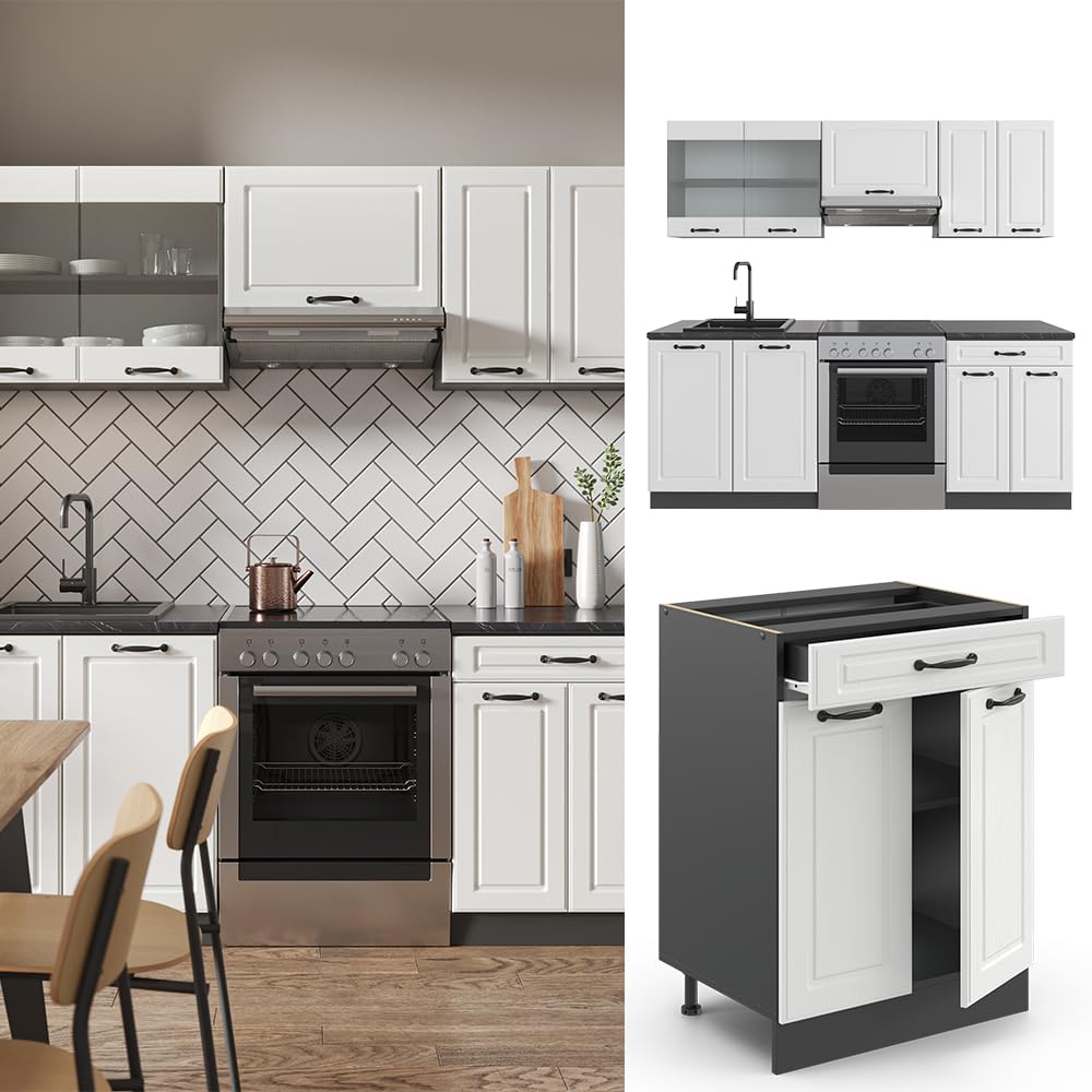 Vicco R-Line Kitchen Unit, White Country House / Anthracite, 200 cm without Worktop