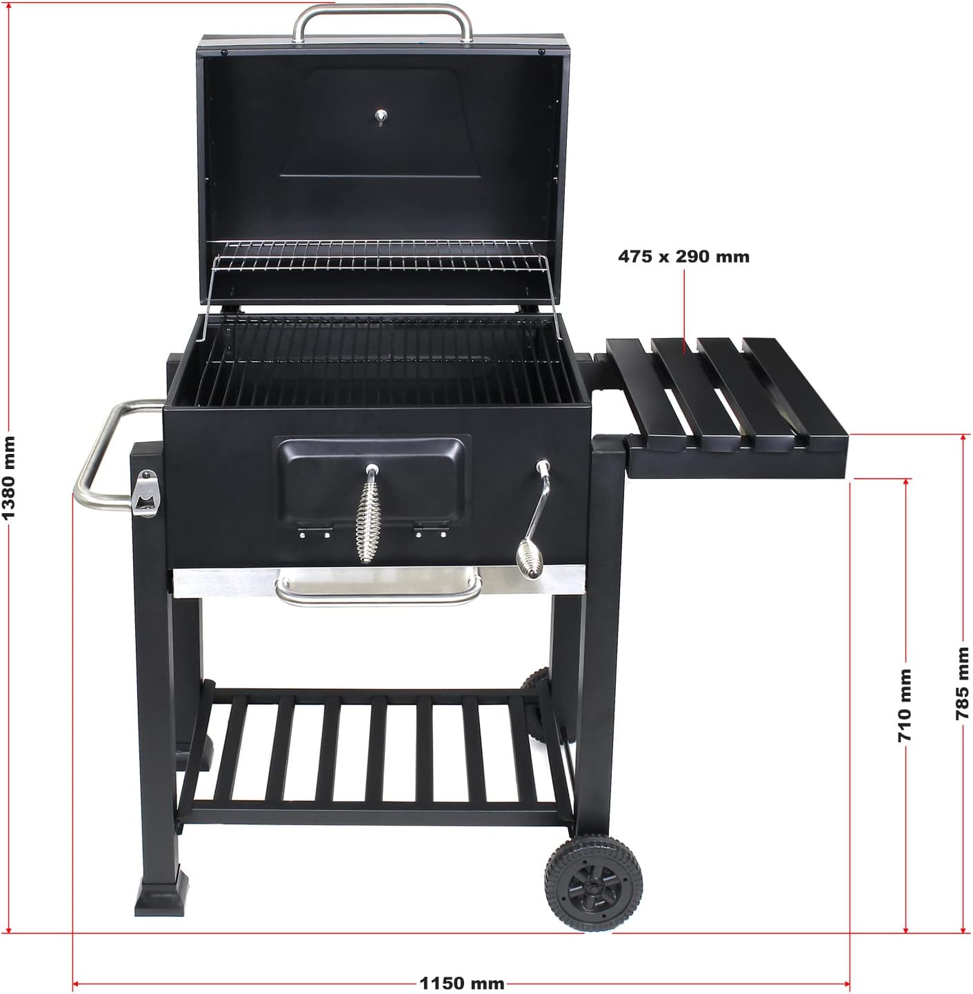 BBQ Charcoal Grill Trolley with Lid, Shelf and Fire Flap, Height Adjustment for Coal, Thermometer