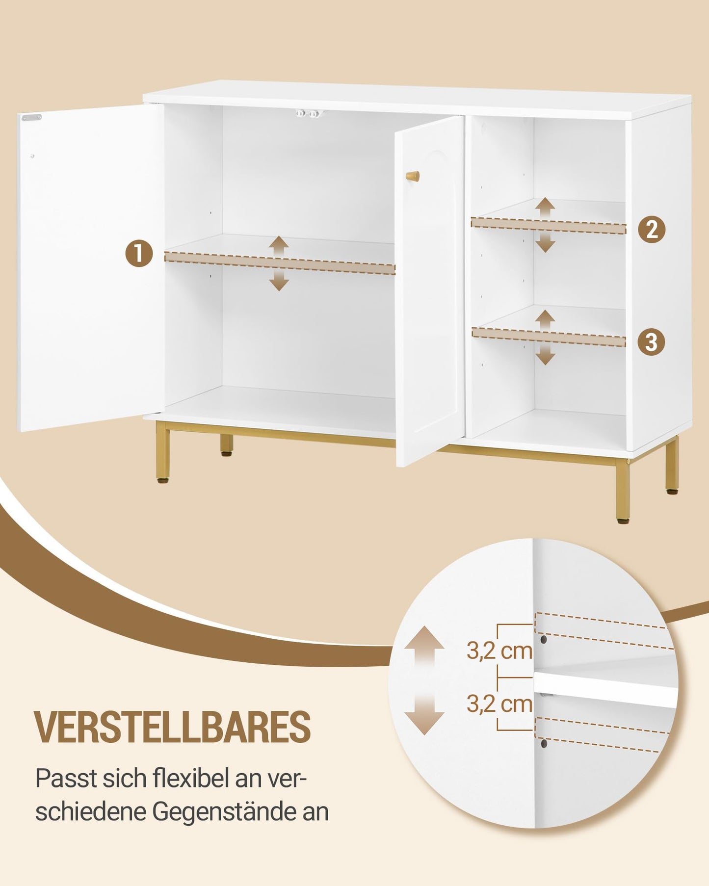 Hzuaneri SC10203G Bathroom Cabinet, Kitchen Cabinet with 2 Doors, Side Cabinet, Sideboard with Open Compartment, Chest of Drawers, Adjustable Shelf, Bathroom, 35 x 100 x 75 cm, White Gold