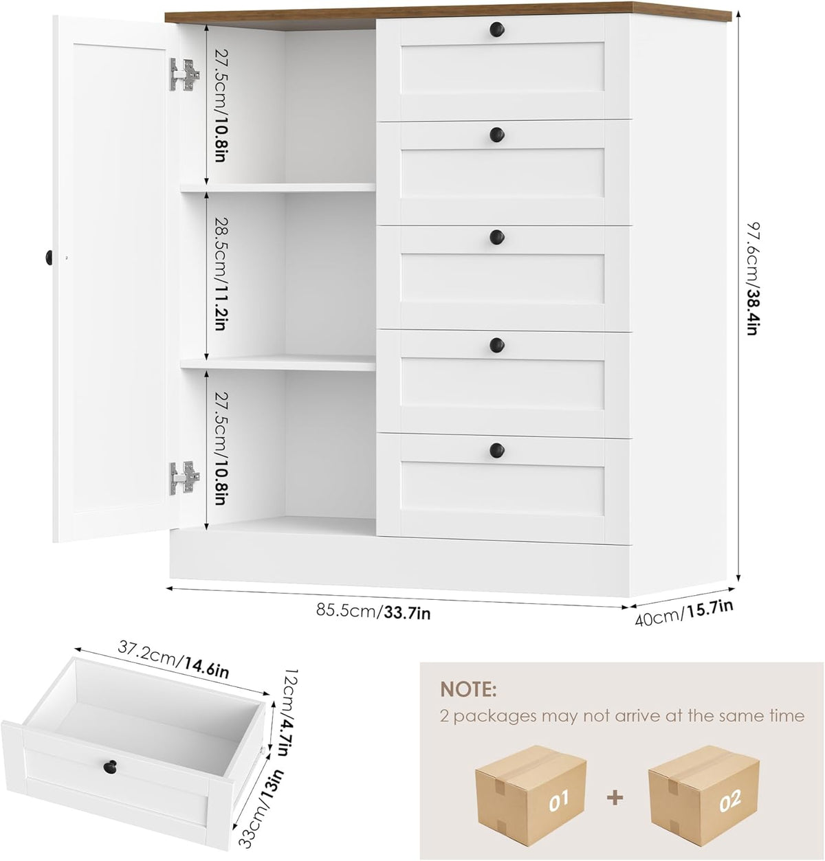 HOCSOK Sideboard, Kitchen Cabinet, Chest of Drawers, White Buffet Cabinet with 1 Door and 5 Drawers, for Kitchen, Living Room, Dining Room, 85.5 x 40 x 97 cm