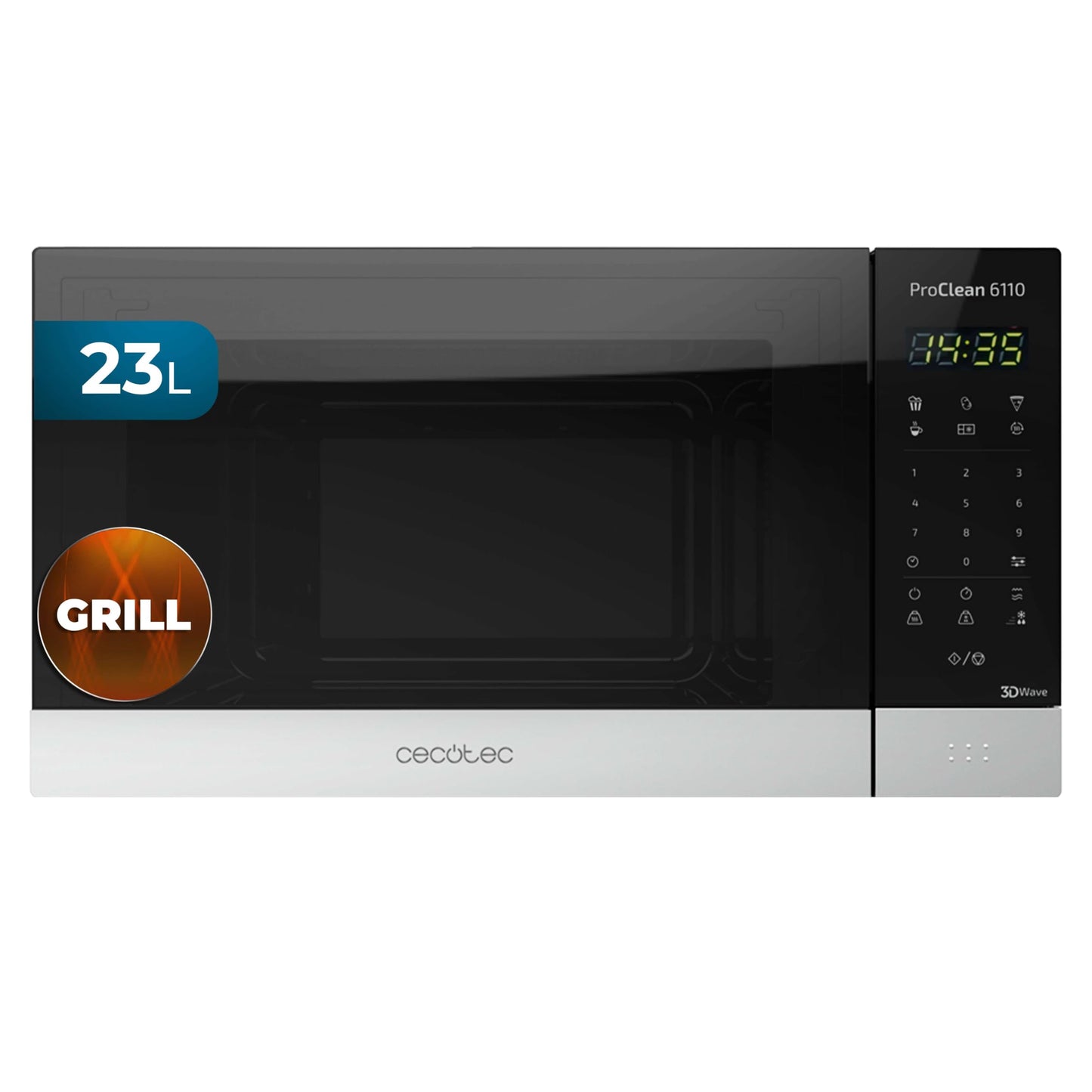 Cecotec Microwave Pro Clean 6110. 800 W, Grill 1000 W, 23 L, Ready 2 Clean Coating, 3D Wave Front Mirror, 8 Programmes, 100 Minute Timer, LED, Stainless Steel in Black / Silver