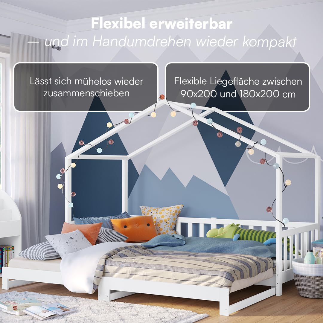 Bellabino Bia Children’s Bed, 90 x 200 cm, Children’s House Bed incl. Fall Protection and Rolled Slatted Frame, Montessori Floor Bed, White, Solid Pine Wood