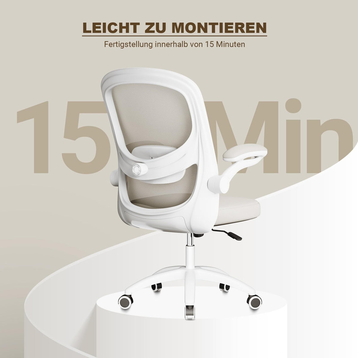 MELOKEA Desk Chair, Bionic 4D Lumbar Support, Office Chair Ergonomic with 100° Folding Armrest, Office Chair Height Adjustable, Mesh Computer Chair, Meets EN12520 Standards, Grey Beige
