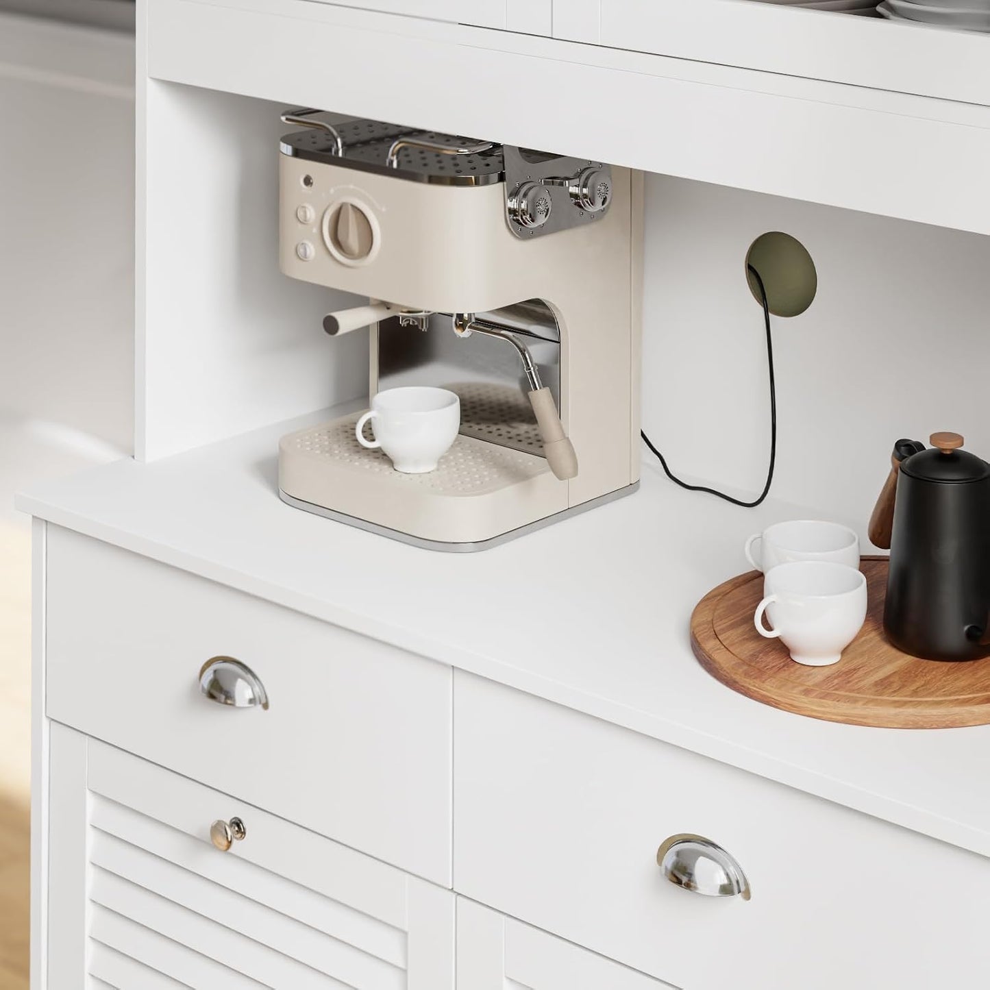 SoBuy FSB101-W Tall Cabinet with Glass Doors and Tilting Compartment, Kitchen Cabinet with Microwave Compartment, Sideboard Chest of Drawers with Doors and Drawers for Kitchen, Living Room & Storage