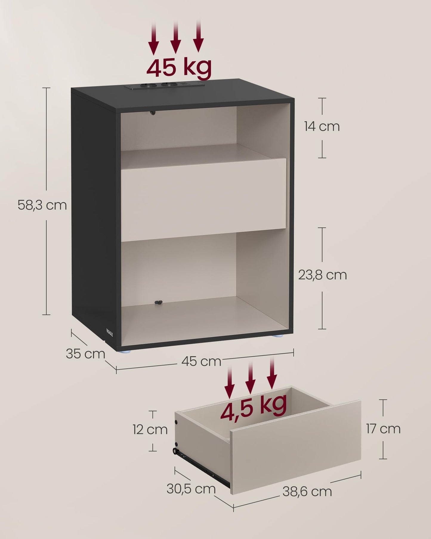 VASAGLE Bedside Table Set of 2, Toolless Technology, Super Fast Tool-Free Assembly, Side Table 3 Drawers, Bedside Cabinet, Bedroom, Living Room, Ink Black/Cappuccino Beige LET779B01