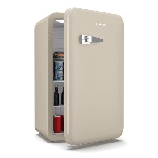 Klarstein Kühlschrank, Mini-Kühlschrank für Getränke, Kühlschrank Klein, Kleiner Kühlschrank Lautlos, Skincare Fridge, Vintage Design, Camping Kühlschrank, Minikühlschrank für Zimmer, 0-10°C, 70 L