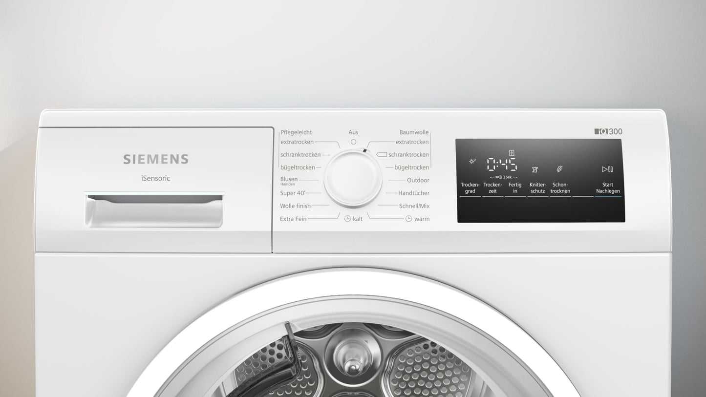 Siemens WT45HV0EM iQ300 Heat Pump Dryer, 8 kg, autoDry, super40 Programme, 63 dB, Touch LED Display, SoftDry, Outdoor Program, EasyClean Filter, Child Lock, White