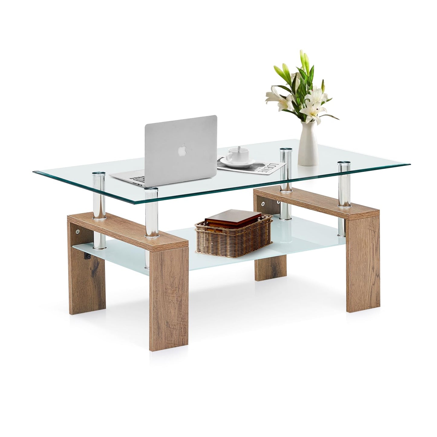 CLIPOP Rectangular Coffee Table Made of Tempered Glass, Living Room Table, Modern Sofa Table with Storage Space, Coffee Table, Glass Table with Lower Shelf for Living Room, Balcony, Bedroom, 100 x 60