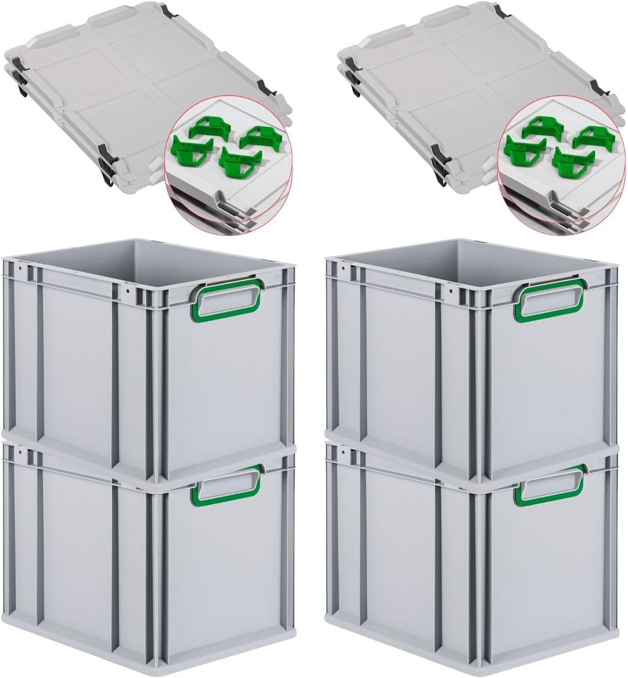 PROREGAL Economy Set of 5 Eurobox NextGen Colour with Lid and Sliding Snap Fasteners, H x W x D 22 x 30 x 40 cm, 20 L, Black, Closed Handles, Euro Container, Transport Box, Transport Container