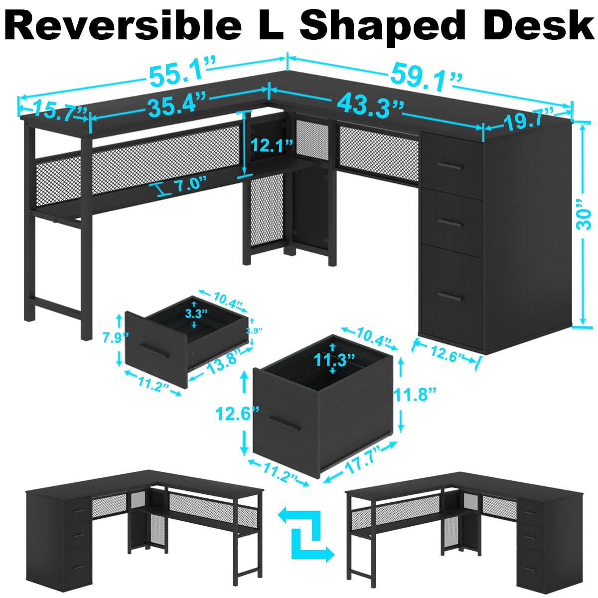 LVB White L Shaped Corner Desk with Drawers, Reversible Modern L Shaped Computer Desk with Storage Cabinets, Large L Shaped Wooden L Shaped Desk Metal L Shape