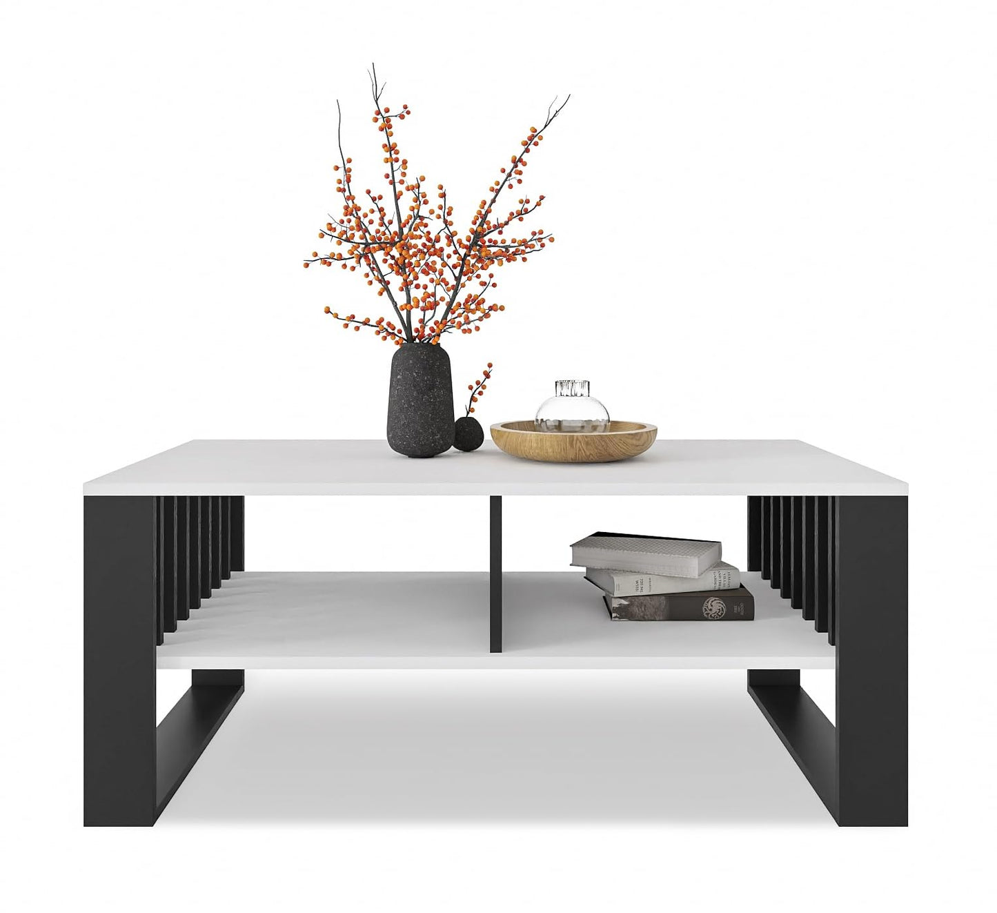 Meble Pitus Coffee Table White - Modern Living Room Table 90 x 50 x 50 cm with Storage Space & Slat Design