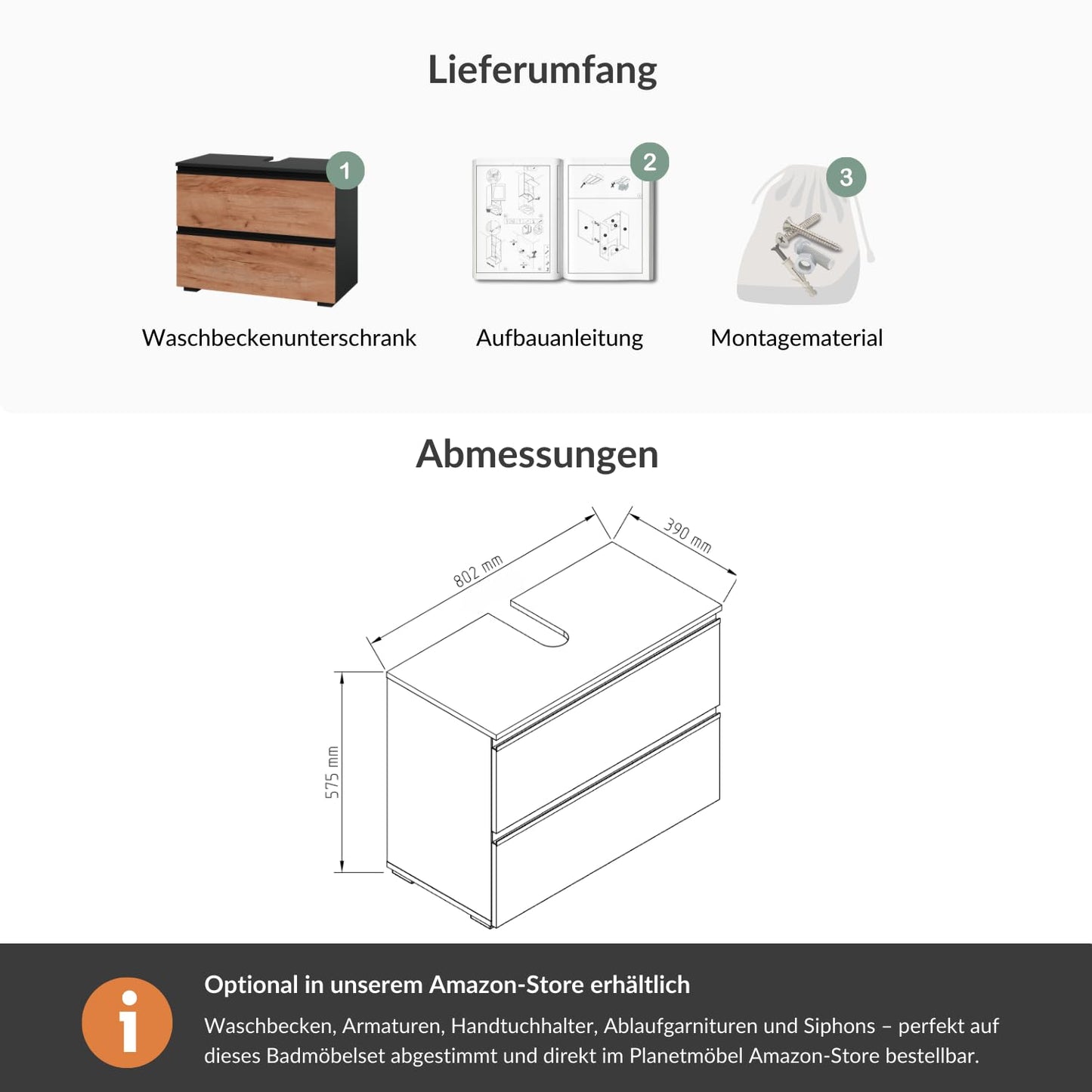 Planetmöbel EDA 80 cm Vanity Unit, Vanity Unit, Bathroom Cabinet for Guest Toilet and Bathroom, Anthracite/Gold Oak