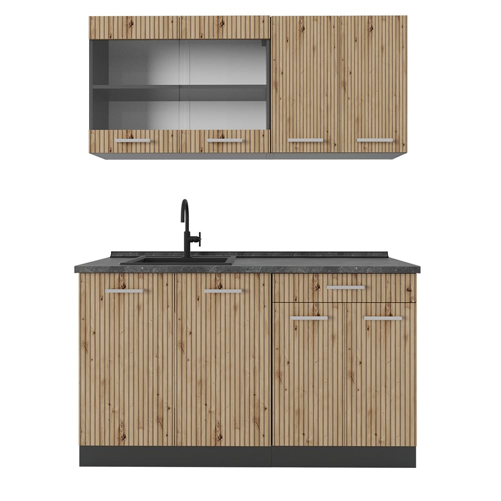 Vicco Single Kitchen R-Line, White High Gloss / Anthracite, 140 cm without Worktop