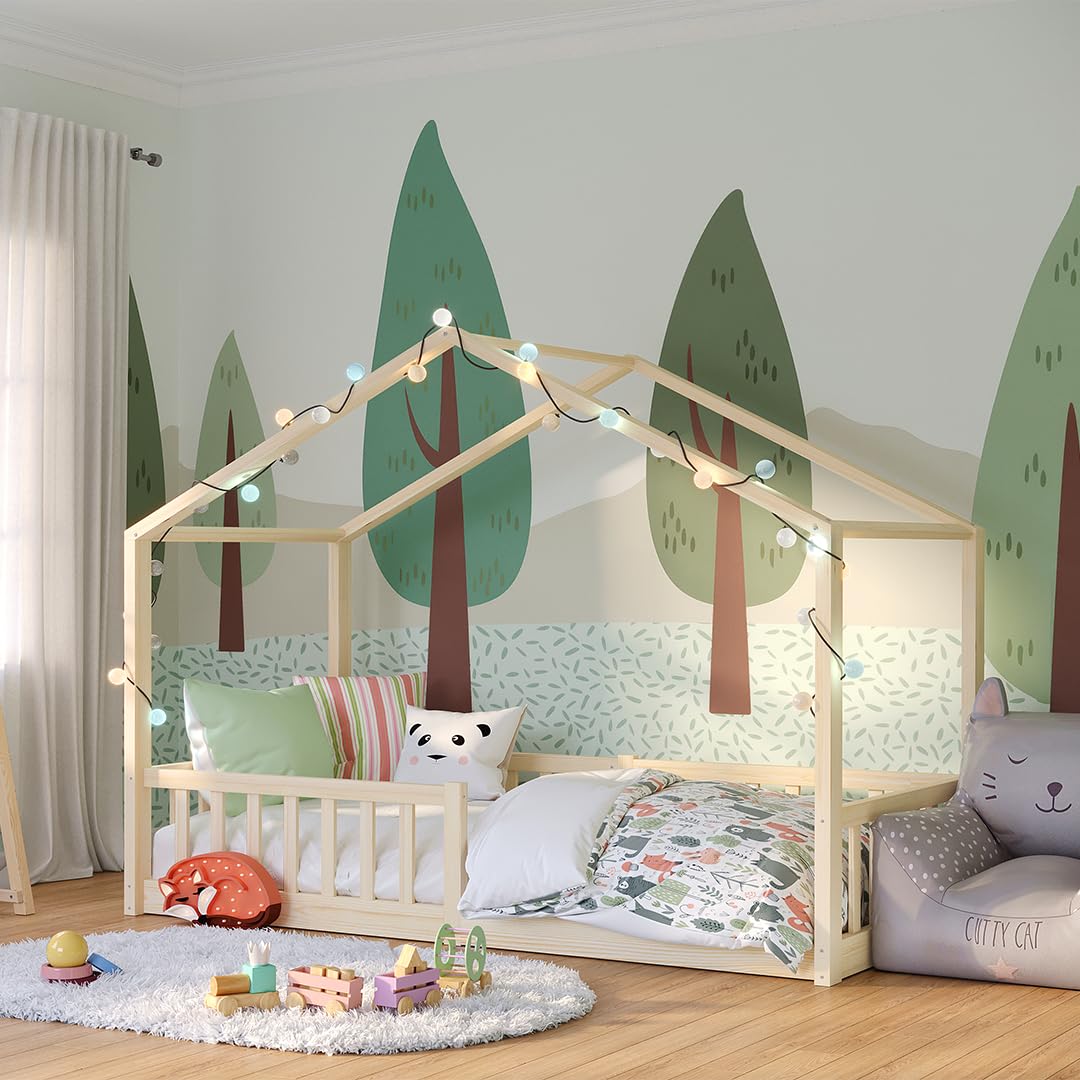 Bellabino Bia Children’s Bed, 90 x 200 cm, Children’s House Bed incl. Fall Protection and Rolled Slatted Frame, Montessori Floor Bed, White, Solid Pine Wood