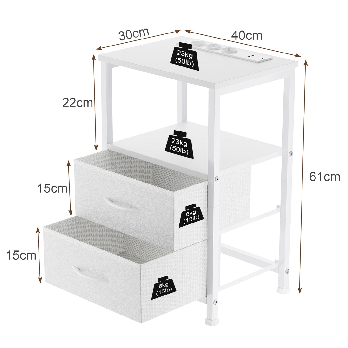 Bedside Table with LED & Charging Function, Side Table with Drawer, Bedside Tables with 3 AC Ports & 2 USB Ports, Side Tables for Living Room, Bedroom, White