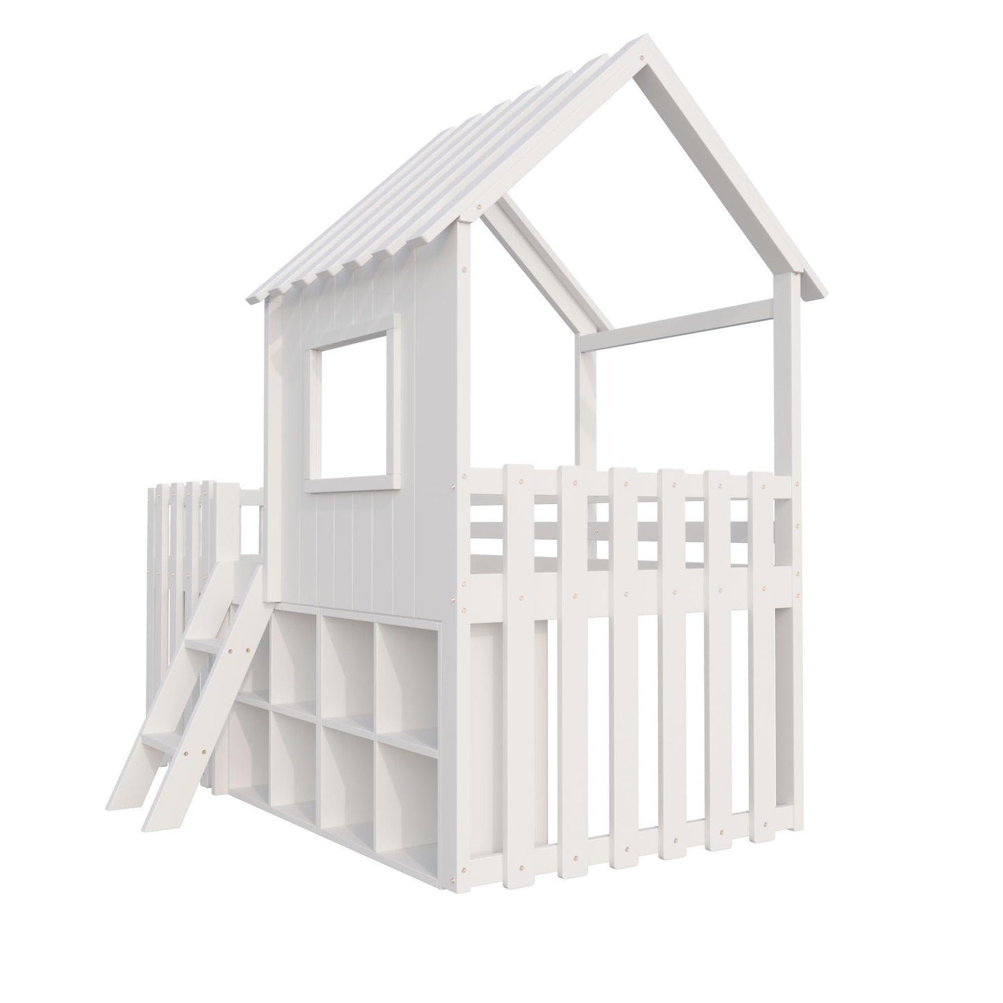 Children's Bed, House Bed 90 x 200 cm, Children's Bed Frame with Roof and Window, with Open Storage Space, with Climbing Ladder, Slatted Frame, Solid Wood Bed, Wooden Bed without Mattress (White)