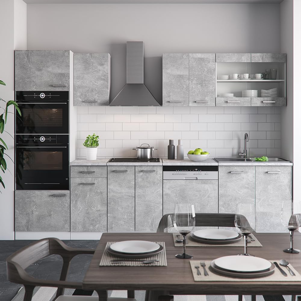 Vicco R-Line Kitchen Unit, High-Gloss Anthracite/White, 300 cm with Tall Cabinet, without Worktop