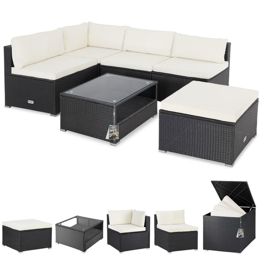 Casaria® Gartenmöbel Set Lounge inkl. Auflagenbox 318L Outdoor mit Tisch Auflagen Sitzgruppe Wetterfest Polyrattan Terrasse Garten Balkonmöbel Schwarz Creme