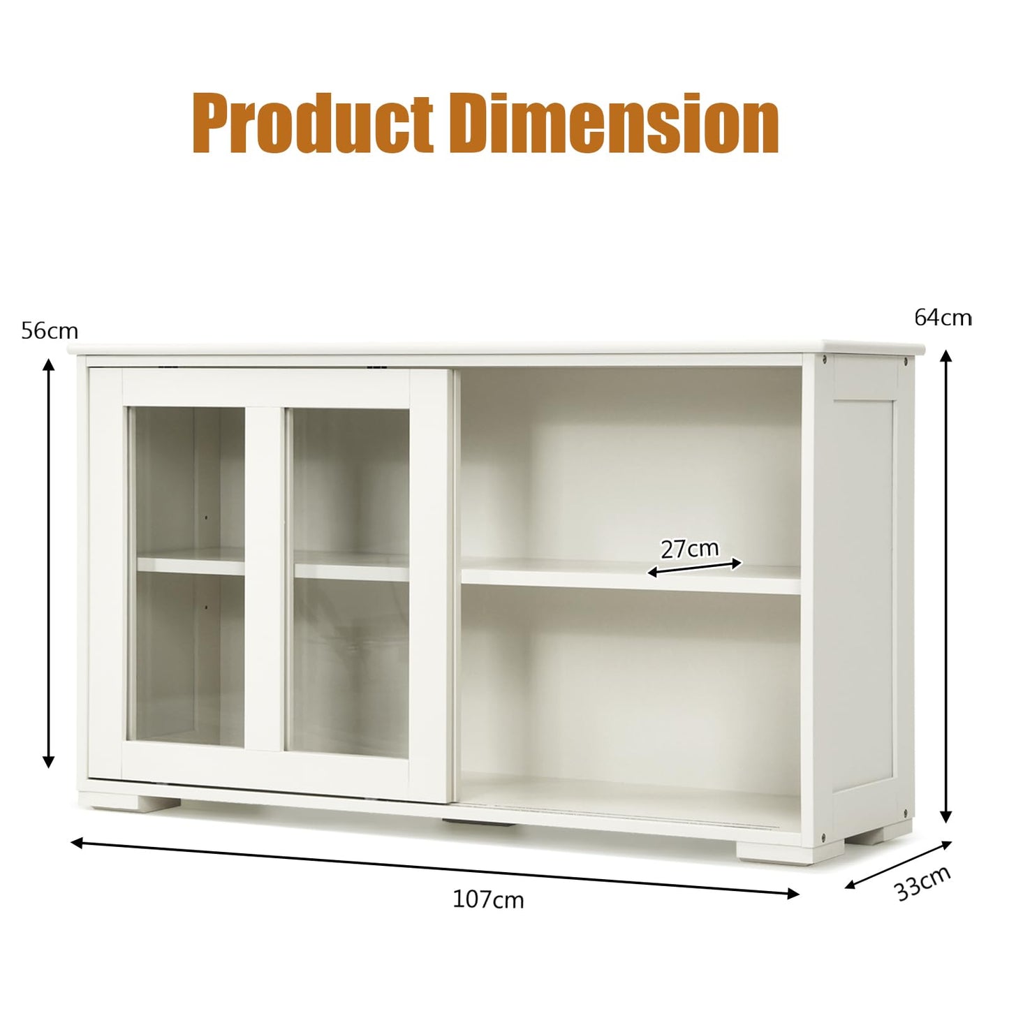 KOMFOTTEU Sideboard Side Cabinet, Kitchen Chest of Drawers with Glass Sliding Doors, Wooden Kitchen Cabinet with Adjustable Shelf, Buffet Cabinet 107 x 33 x 64 cm for Hallway Dining Room (Cream White)