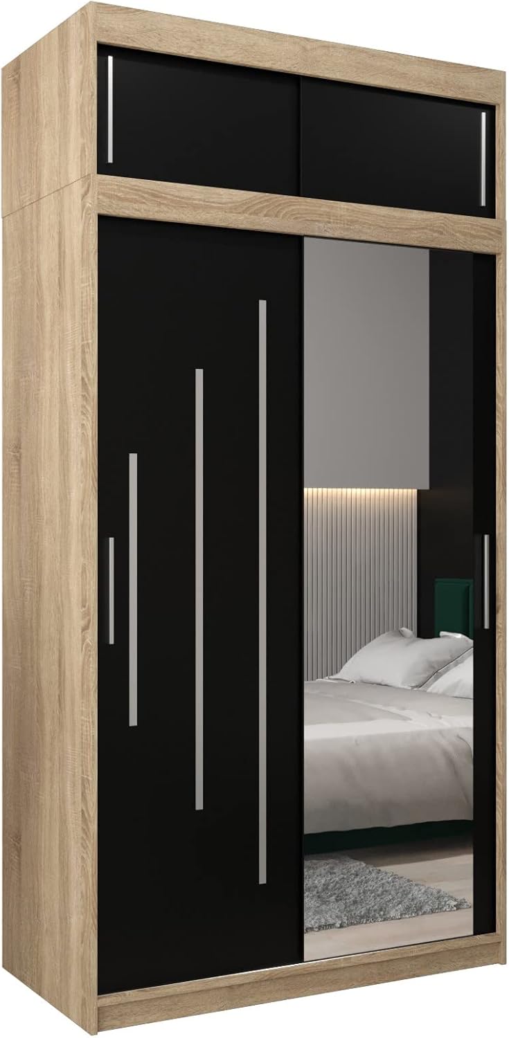 MEBLE KRYSPOL Kleiderschrank mit Spiegel York 2 - Garderobenschrank - Schrank Schlafzimmer - Mehrzweckschrank Zwei Schiebetüren - Regalen - Flur Möbel - Kleiderstange Schrank - Allzweckschrank