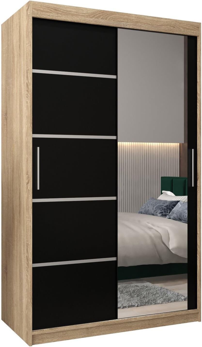 MEBLE KRYSPOL Verona 2, 250 cm Bedroom Wardrobe with Three Sliding Doors, Mirror, Clothes Rail and Shelves, 250 x 200 x 62 cm, Matt Black