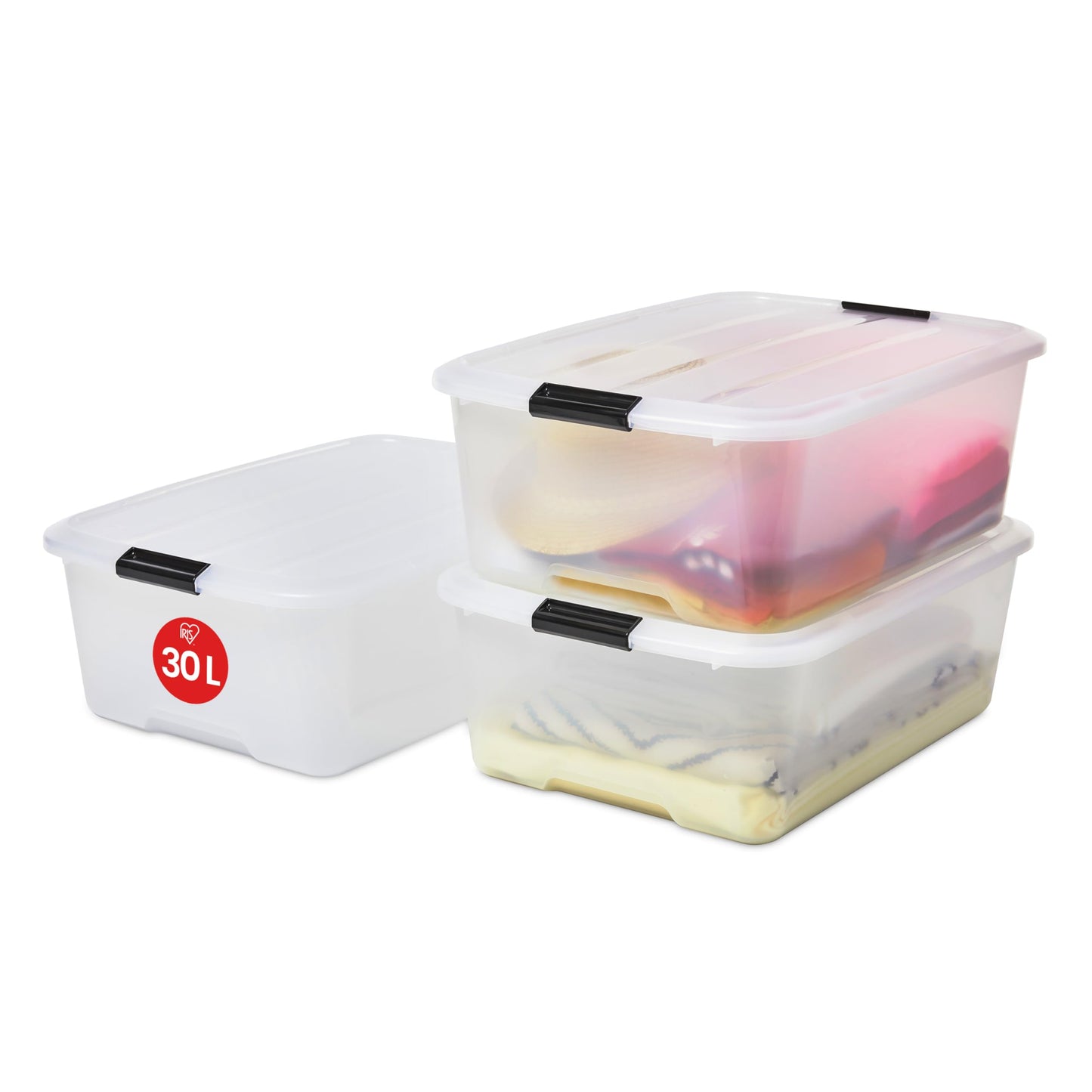 Iris Ohyama Storage Boxes with Lids, 55L, Set of 4, Transparent, Secure Closure, Stackable, Handles, Bedroom, Closet, Office, Organisation, BPA-Free Plastic, Organiser Boxes, BSB-55