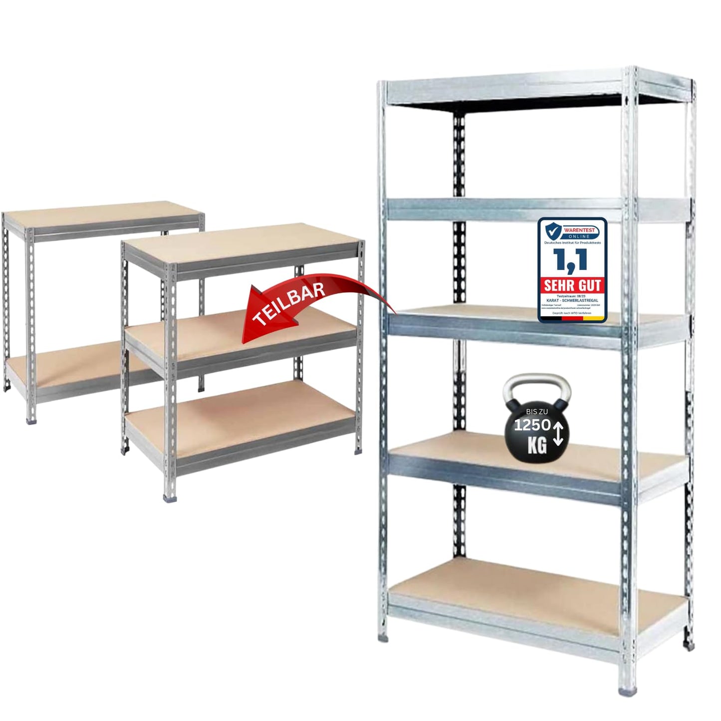 KARAT Heavy Duty Shelving – Plug-in Shelving Unit, Cellar Shelf, Storage Shelf, Workbench – Load Capacity up to 1500 kg – Quick Assembly and Stable (Galvanised, 180 x 90 x 45 cm)