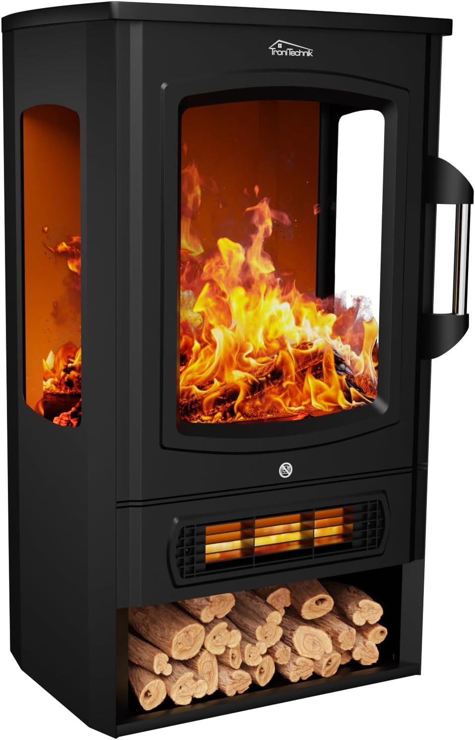 Tronitechnik® Electric Fireplace with LED Flame Effect, 1 kW/2 kW Watt Fireplace, with Thermostat Panoramic Viewing Window, Heating Function, Timer, 2 Heat Settings, with Ventilation