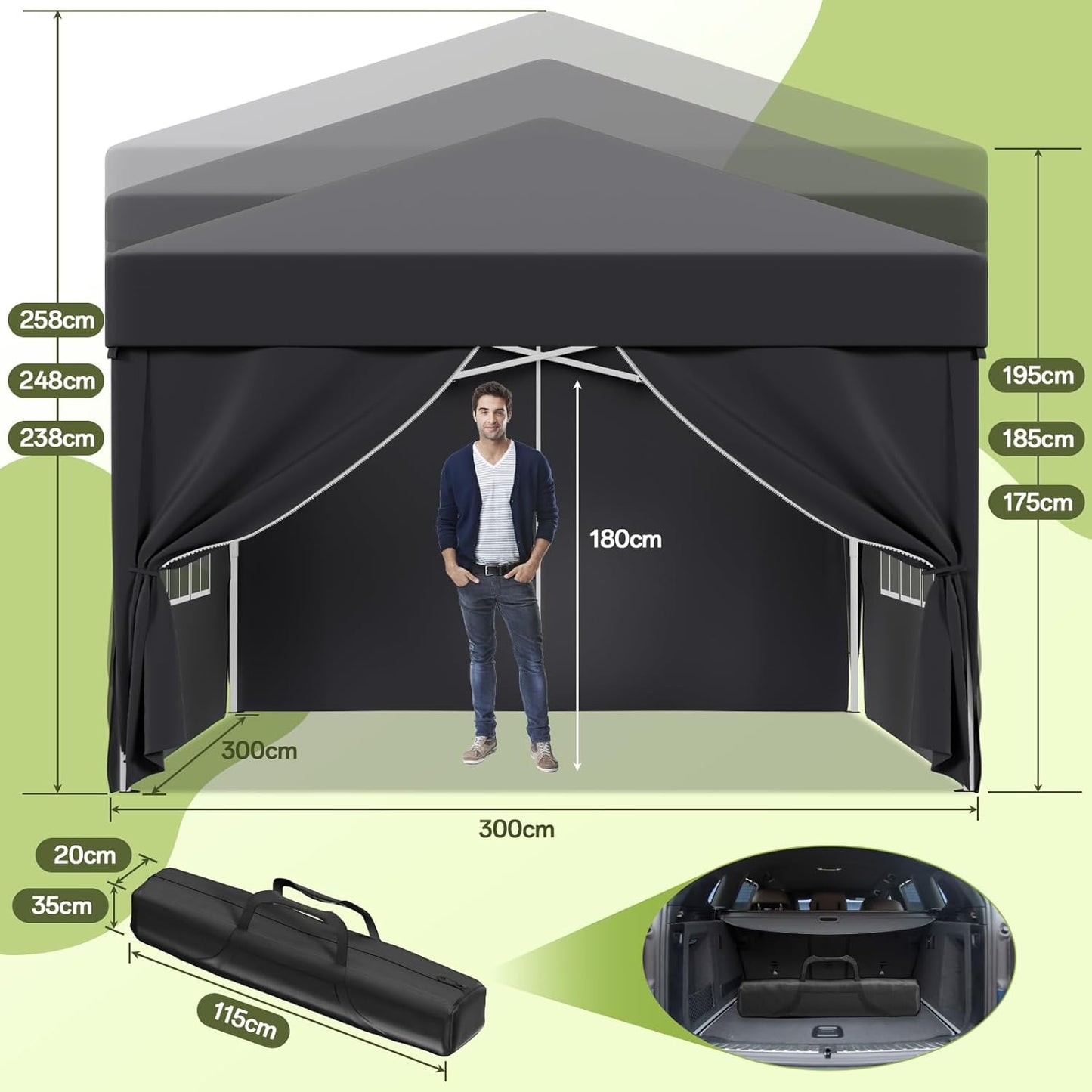 JUMMICO Gazebo 3 x 3 Waterproof Stable Winterproof with 4 Side Walls, Folding Gazebo Height Adjustable, Gazebo UV Protection 50+, Garden Gazebo Folding Tent for Garden, Courtyard, Camping, Gazebo Grey
