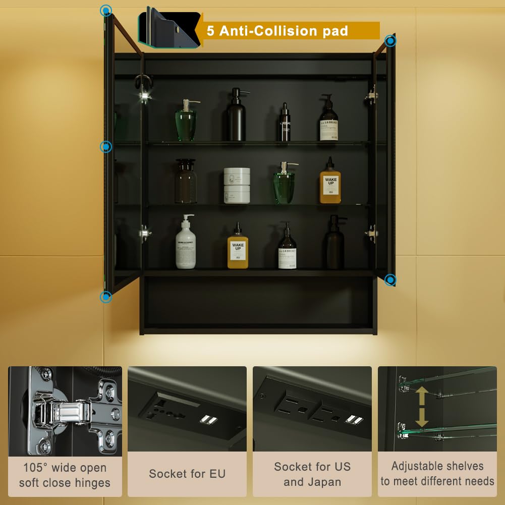 KWW LED Beleuchtetes Badezimmer Medizin Kabinett mit Spiegel, Farbtemperatur Einstellbar, Anti-Nebel Dimmbare Lichter, Steckdosen für USBs (75 x 70 cm)