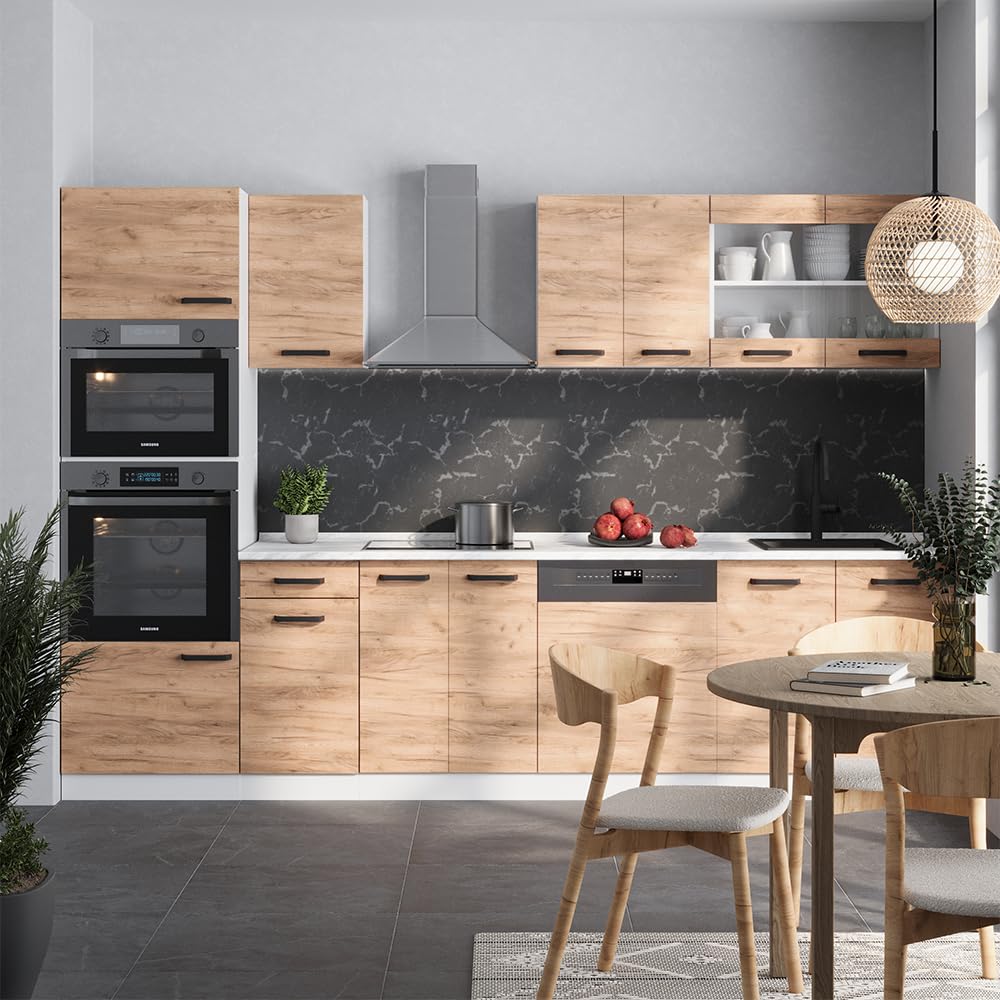 Vicco R-Line Kitchen Unit, High-Gloss Anthracite/White, 300 cm with Tall Cabinet, without Worktop