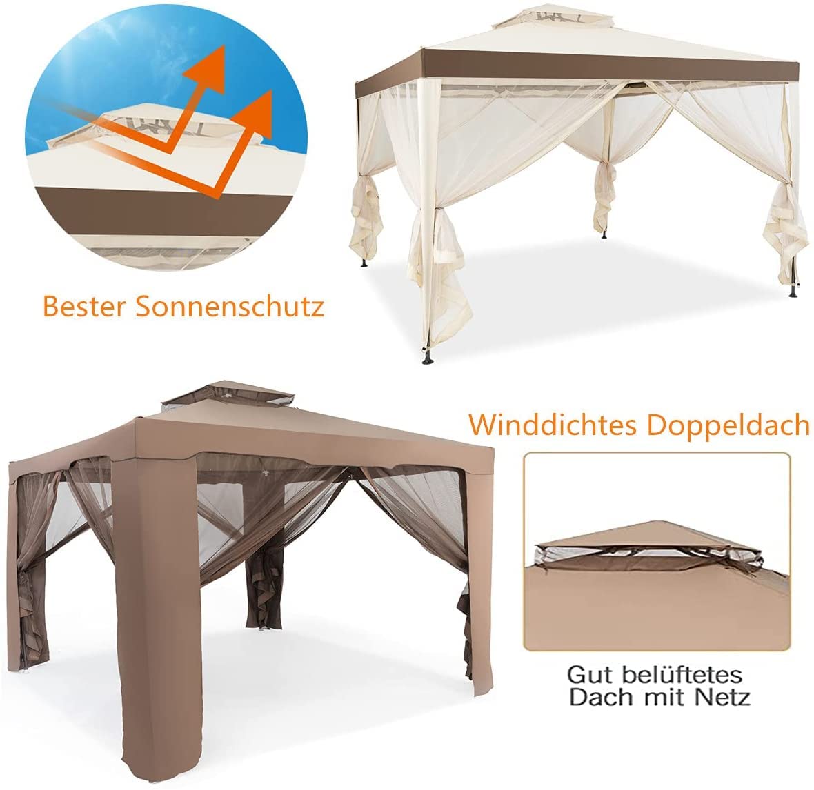 RELAX4LIFE 3 x 3 m Gazebo, Garden Gazebo with Iron Frame & Mosquito Net, Garden Tent with 4 Side Walls & Double Roof, Waterproof & Sunproof Party Tent for Party Camping (Brown)