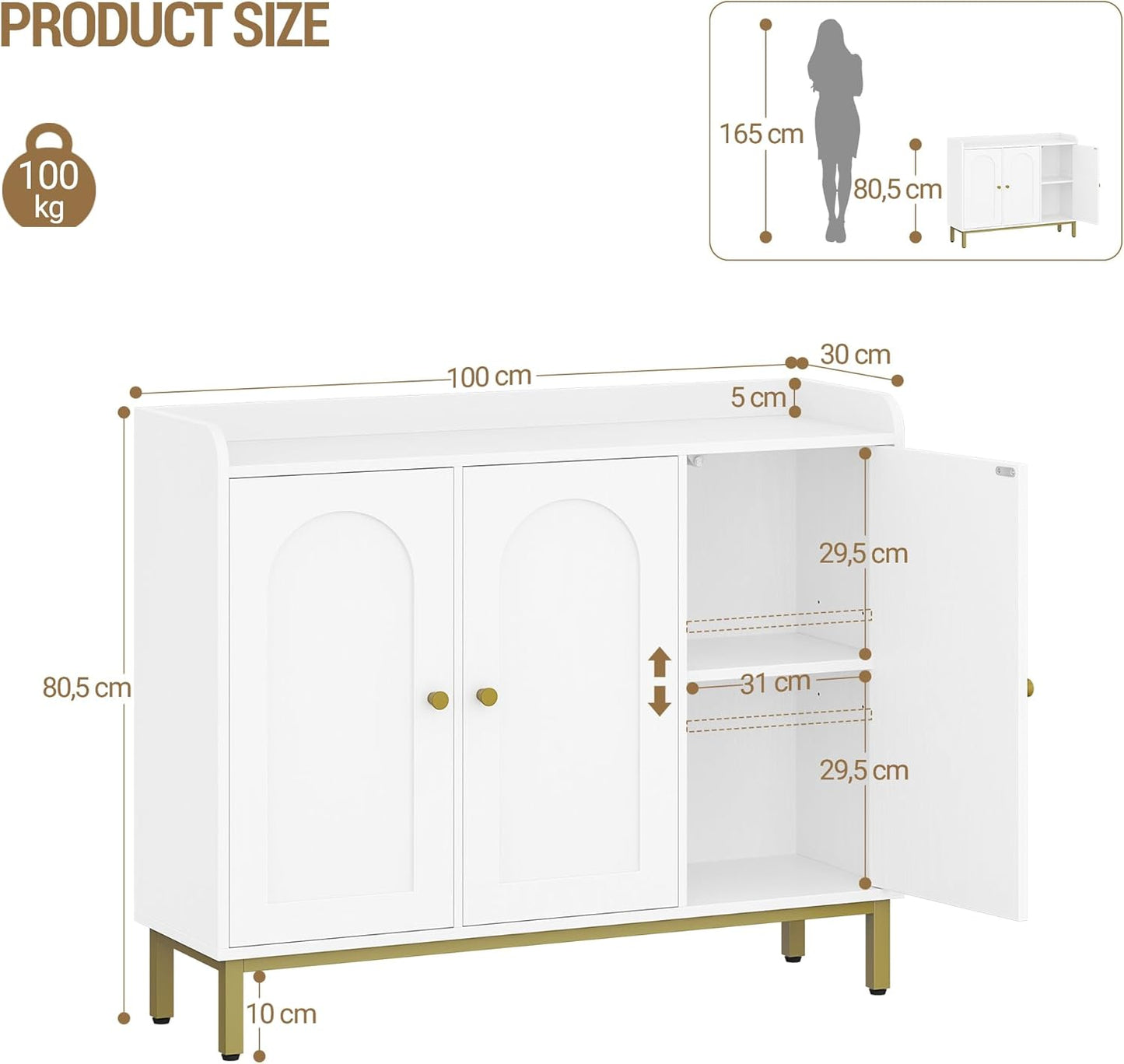 Hzuaneri SC21313G Sideboard, Storage Cabinet, Kitchen Cabinet, Kitchen Chest of Drawers, 3 Doors, Adjustable Shelves, Buffet Cabinet for Kitchen and Living Room, 30 x 100 x 80.5 cm, White