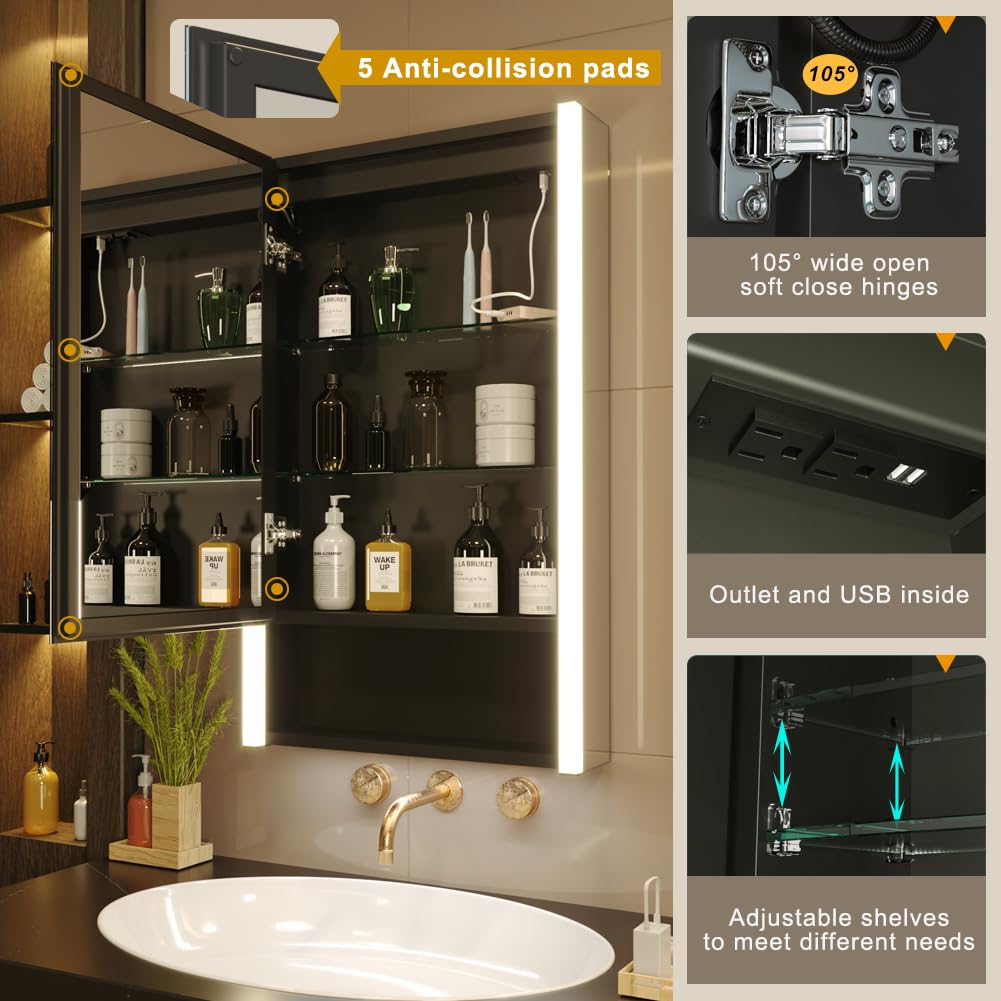 KWW LED Beleuchtetes Badezimmer Medizin Kabinett mit Spiegel, Farbtemperatur Einstellbar, Anti-Nebel Dimmbare Lichter, Steckdosen für USBs (75 x 70 cm)