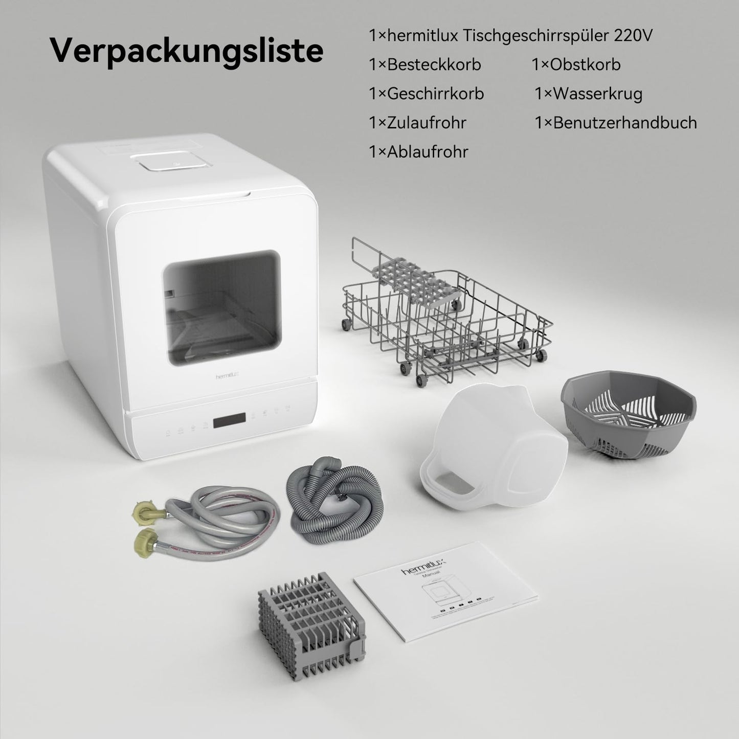 Hermitlux Tischgeschirrspüler, mini spülmaschine mit 7+3 Programme, 5 Maßgedecken, 5L Wassertank, Startverzögerung und Kindersicherung